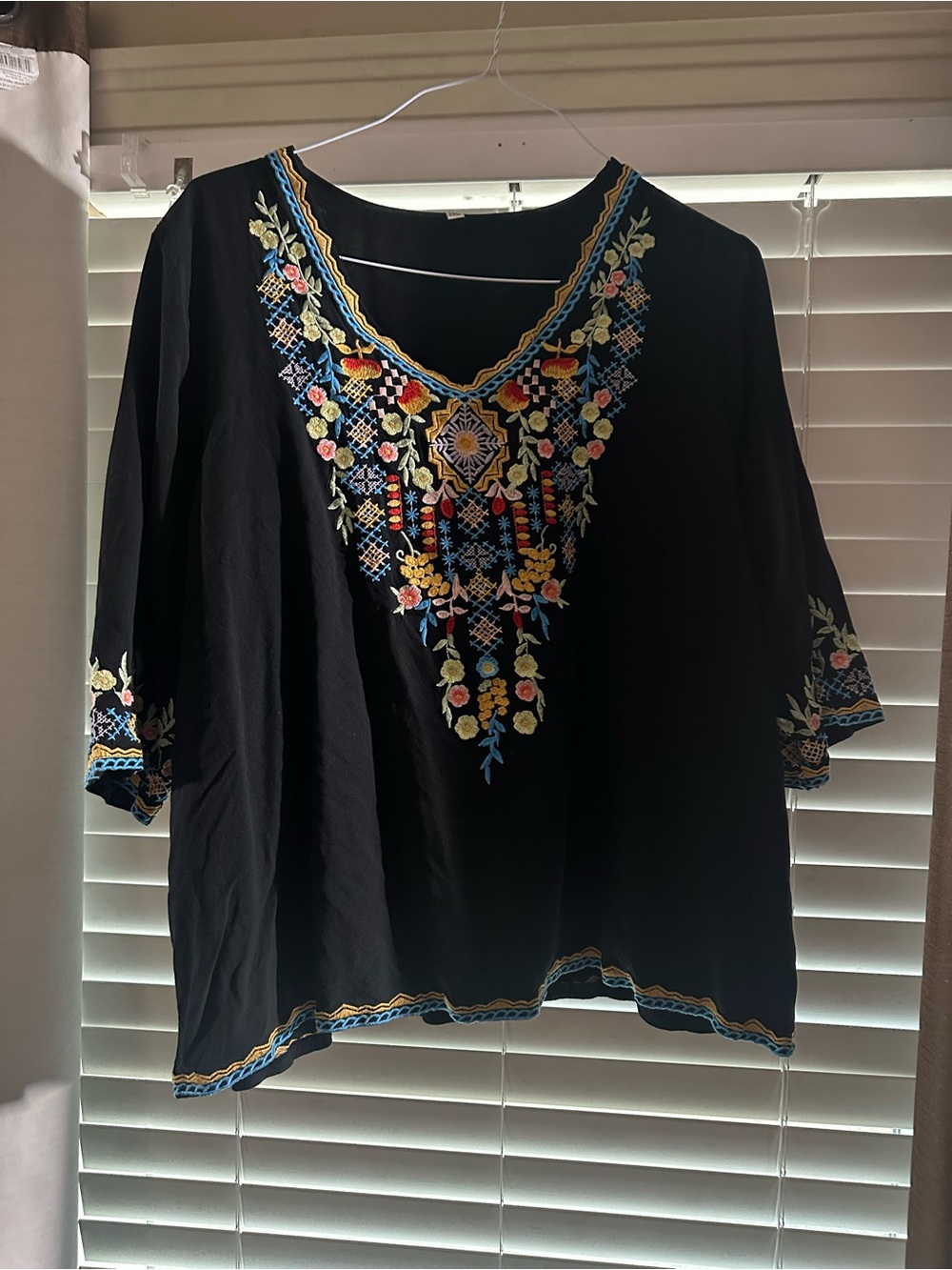 Embroidered Black Boho V-Neck Women's Top